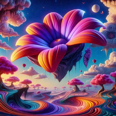 The primary subject of the image is a large, colorful flower with a purple center, floating in a vibrant, swirling, and surreal landscape. The setting is a dreamy, fantastical world with a mix of clouds, trees, and other elements that create a whimsical atmosphere. The visual style is a combination of digital art and illustration, with a focus on vivid colors and intricate details. The dominant colors are purple, pink, and blue, which contribute to the overall mood of the scene, which is a mix of surrealism, fantasy, and whimsy.